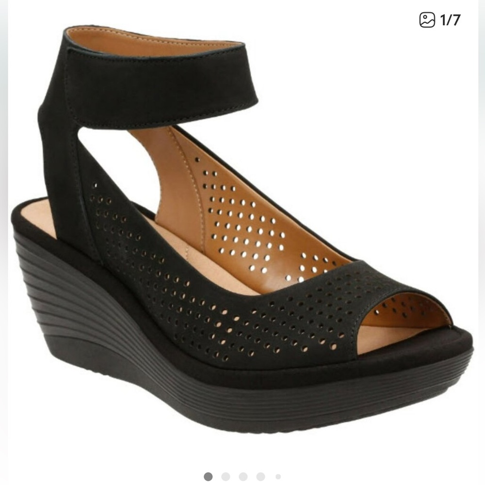 CLARK’S WOMENS REEDLY SALENE BLACK NUBUCK WEDGE SANDALS SIZE 8.5
